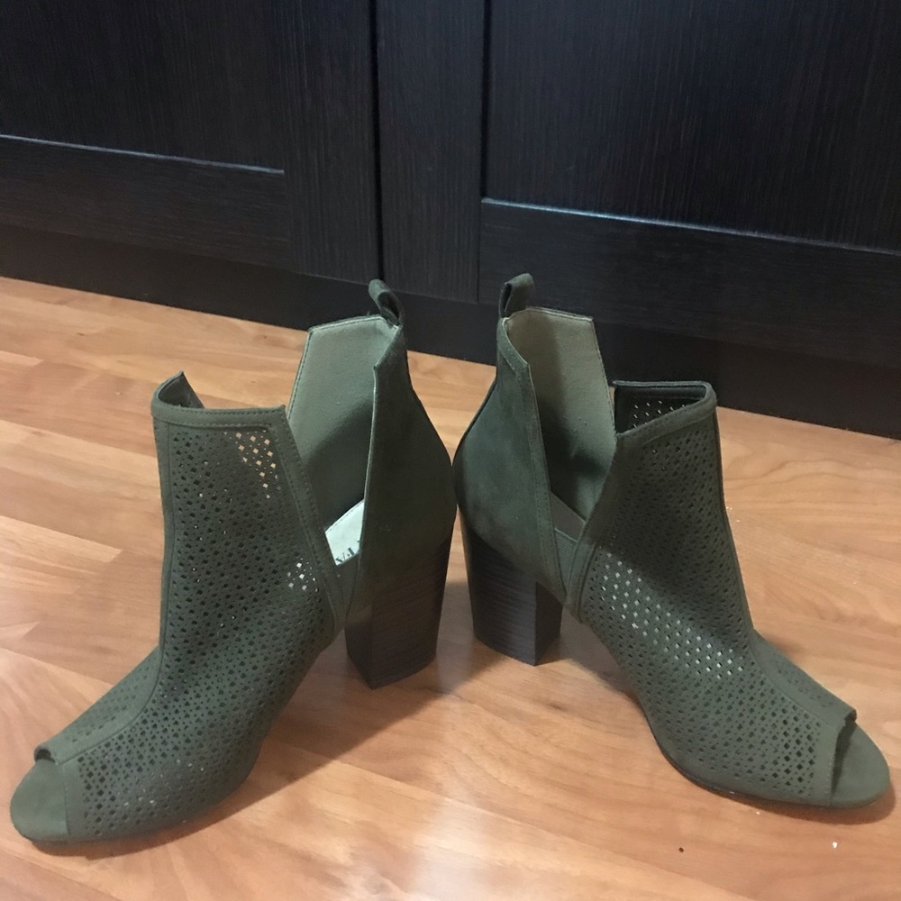 Olive green open toe booties